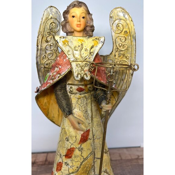 Vintage Handcrafted Angel Figurine With Gold Wings & Staff Wings Move - Picture 2 of 8